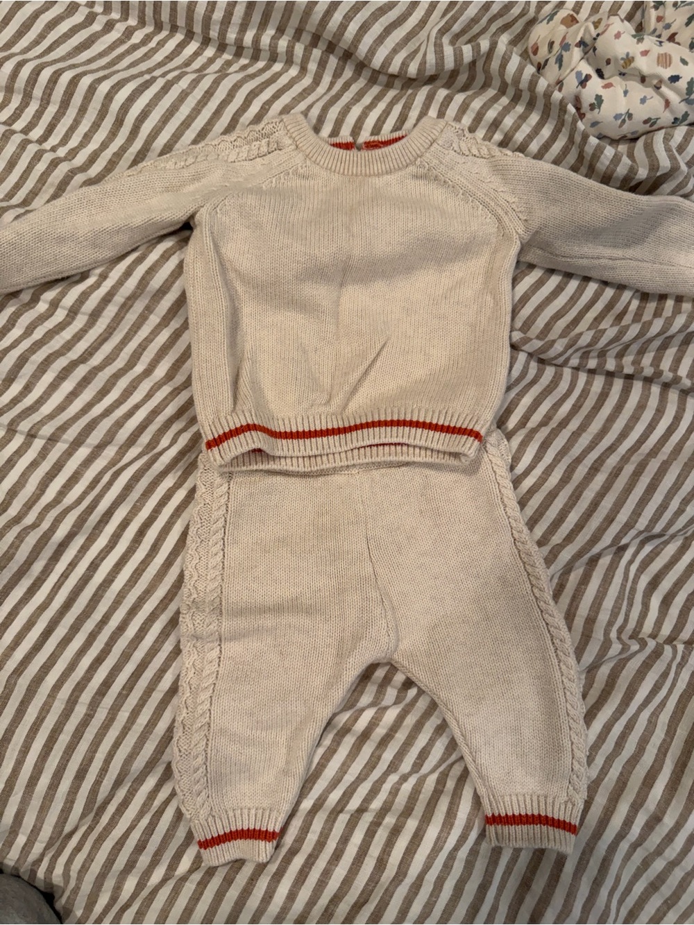 MORI Cream Knit Baby Sweater & Pants Set with Orange Trim